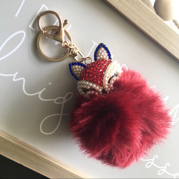 Rhinestone Fox Furry Pom Pom Pearl Keychain Purse - Picture 4 of 4